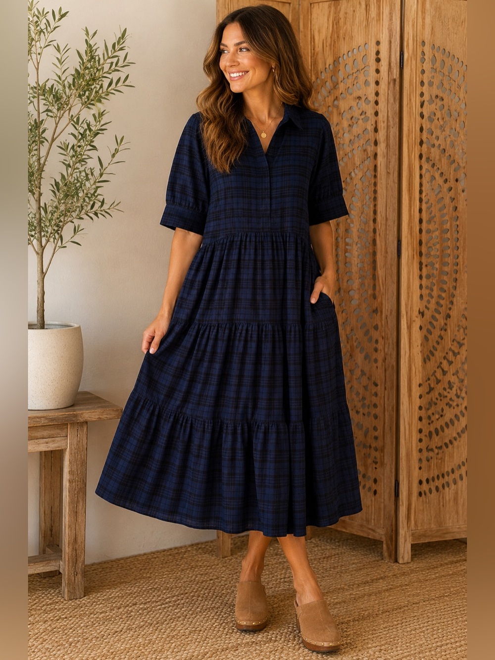 Natural Life Rebecca Flannel Navy Plaid Tiered Midi Dress Cottagecore XL Pockets